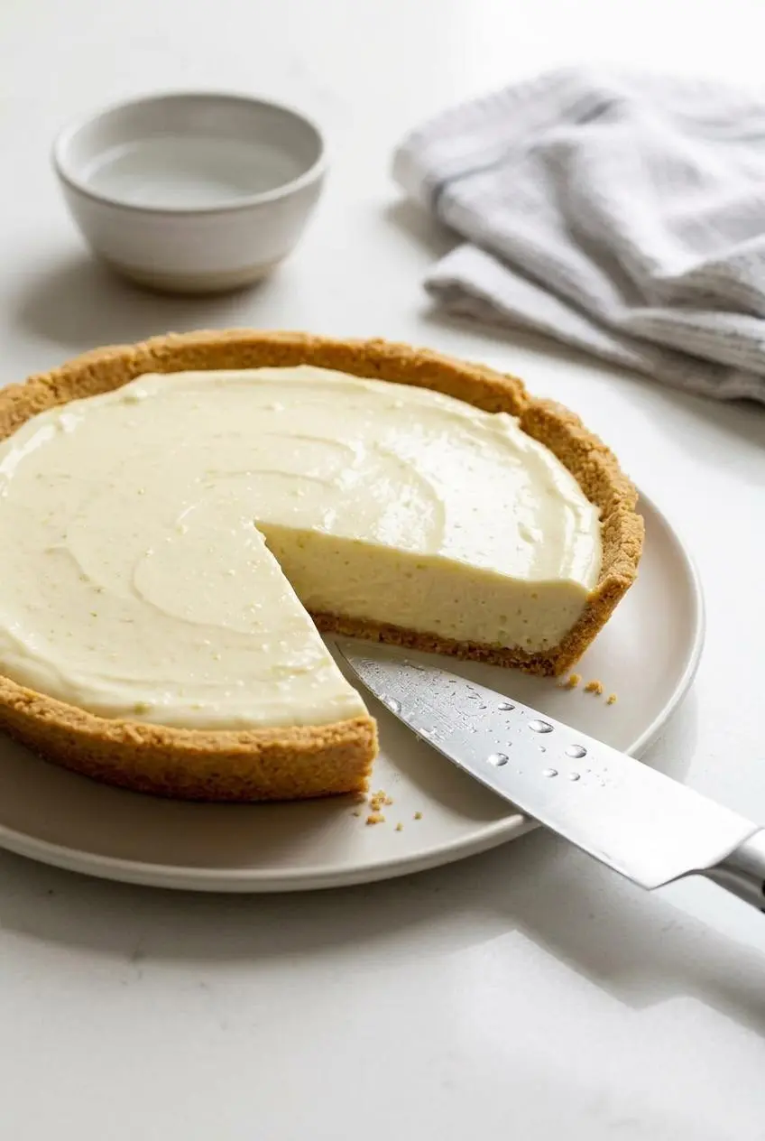 A sharp metal knife next to a perfectly clean cut slice of chilled key lime pie on a kitchen counter.