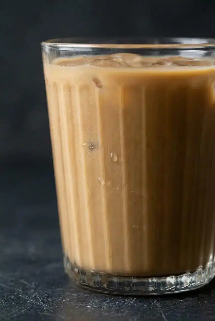 An extreme close-up shot of protein iced coffee in a glass, highlighting its perfectly smooth and clump-free texture.