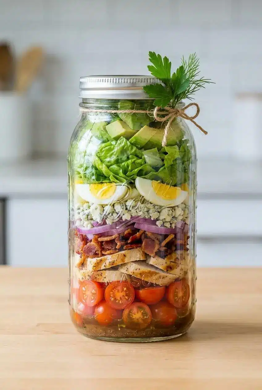 A glass mason jar layered with Cobb salad ingredients for meal prep, with dressing at the bottom and lettuce at the top.