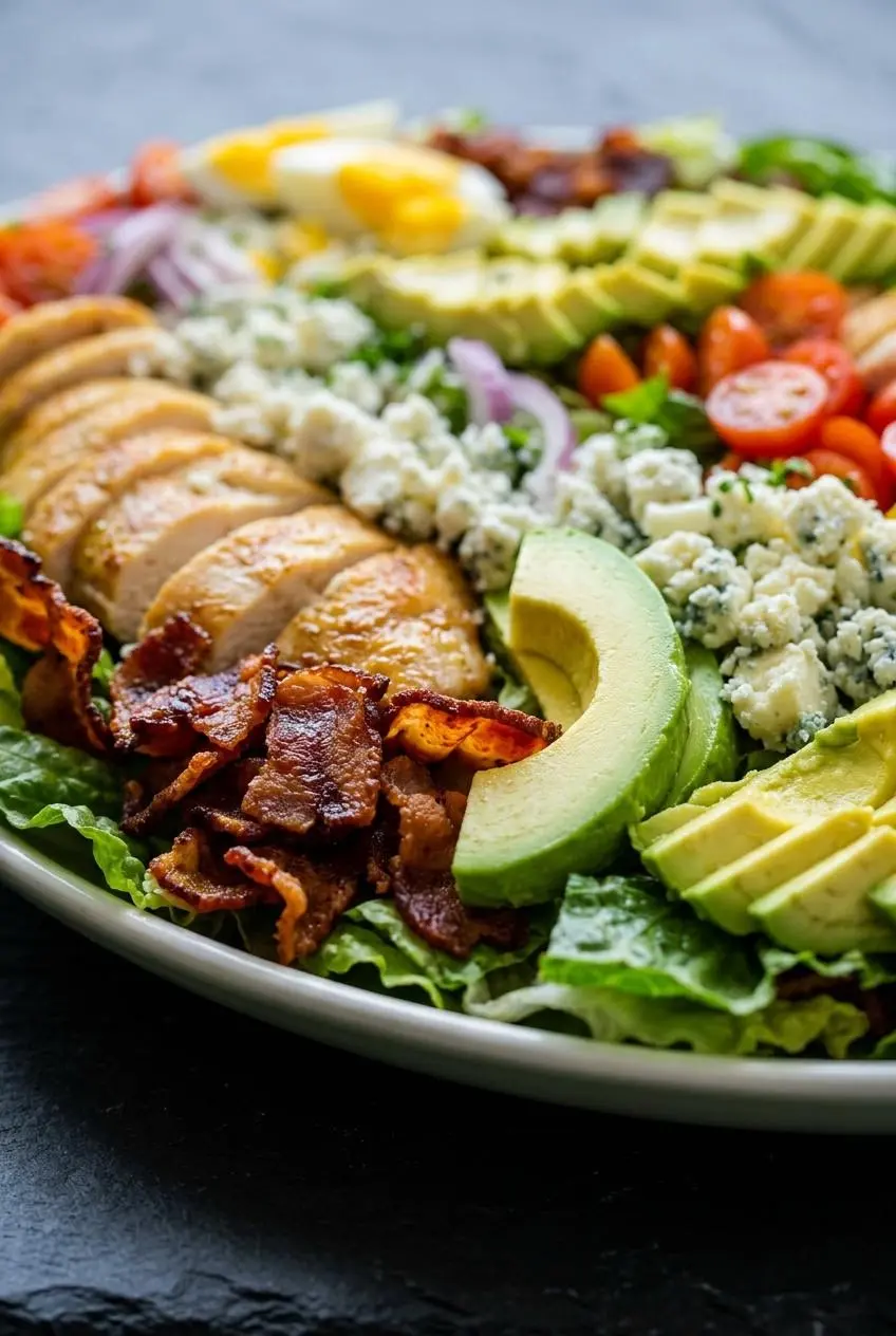 A very close-up texture shot of a Cobb salad, showing crispy bacon, creamy avocado, tender chicken, and crumbly blue cheese.