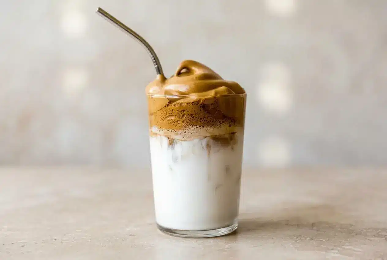 A tall glass of Coconut Whipped Coffee, showing fluffy light-brown coffee foam layered over icy white coconut milk.