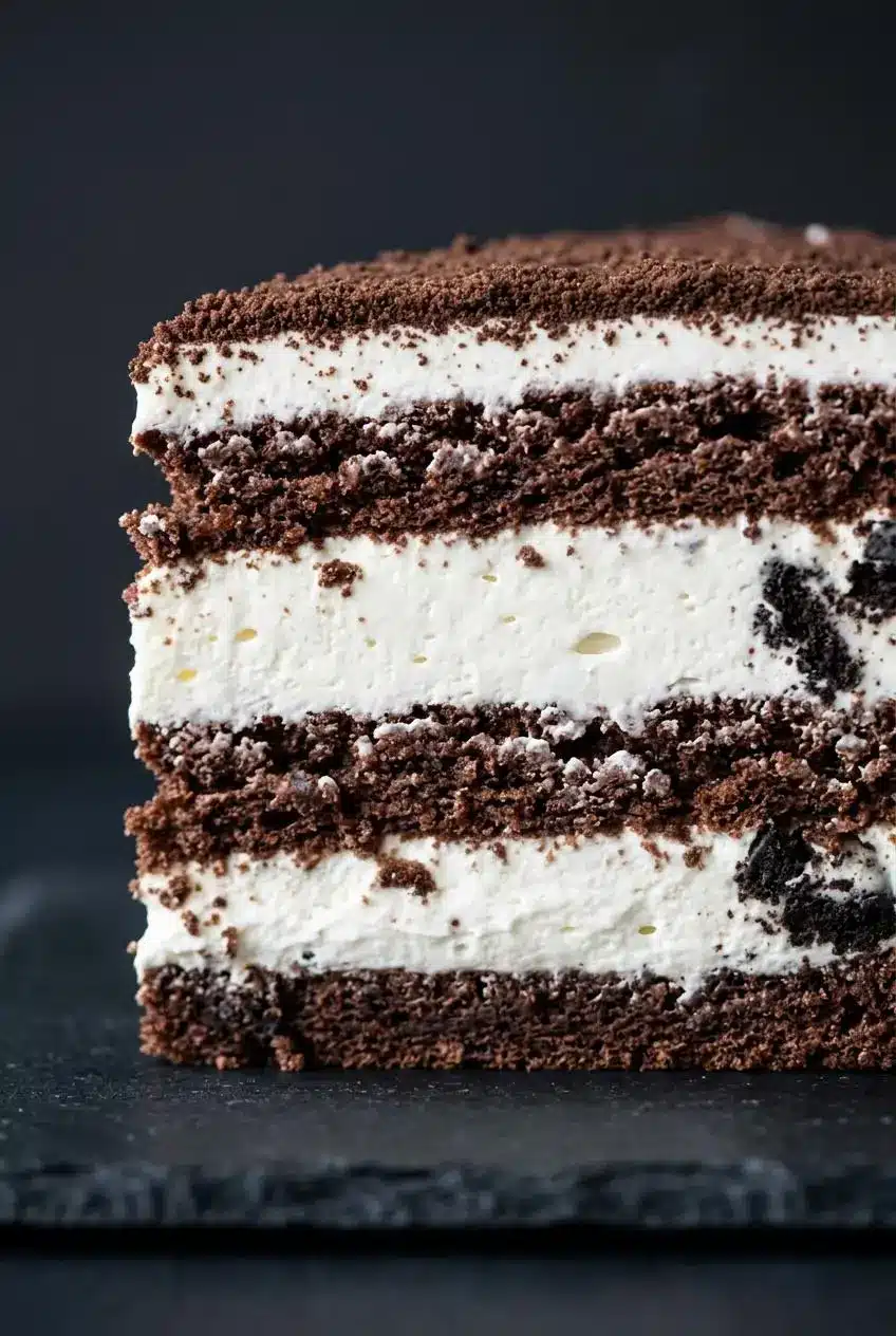 Close-up of a slice of cookies and cream icebox cake highlighting the softened chocolate cookie and cream layers.