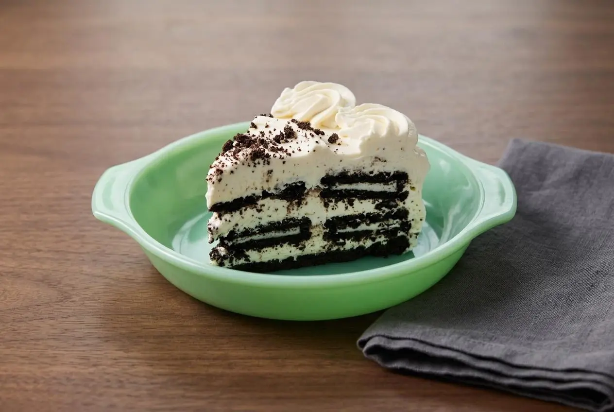 Sliced cookies and cream icebox cake with rich layers of softened chocolate sandwich cookies and fluffy whipped cream.
