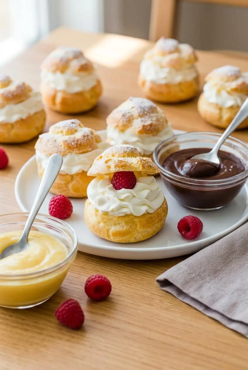 A plate of filled cream puffs next to small bowls containing yellow pastry cream and dark chocolate ganache, showing filling variations.