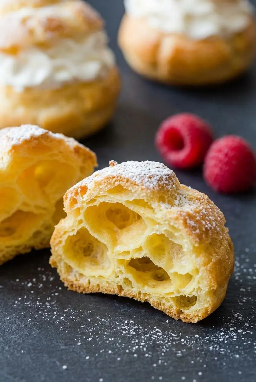 A close-up of a single cream puff shell cut in half, revealing its perfectly hollow and airy interior structure on a dark slate surface.