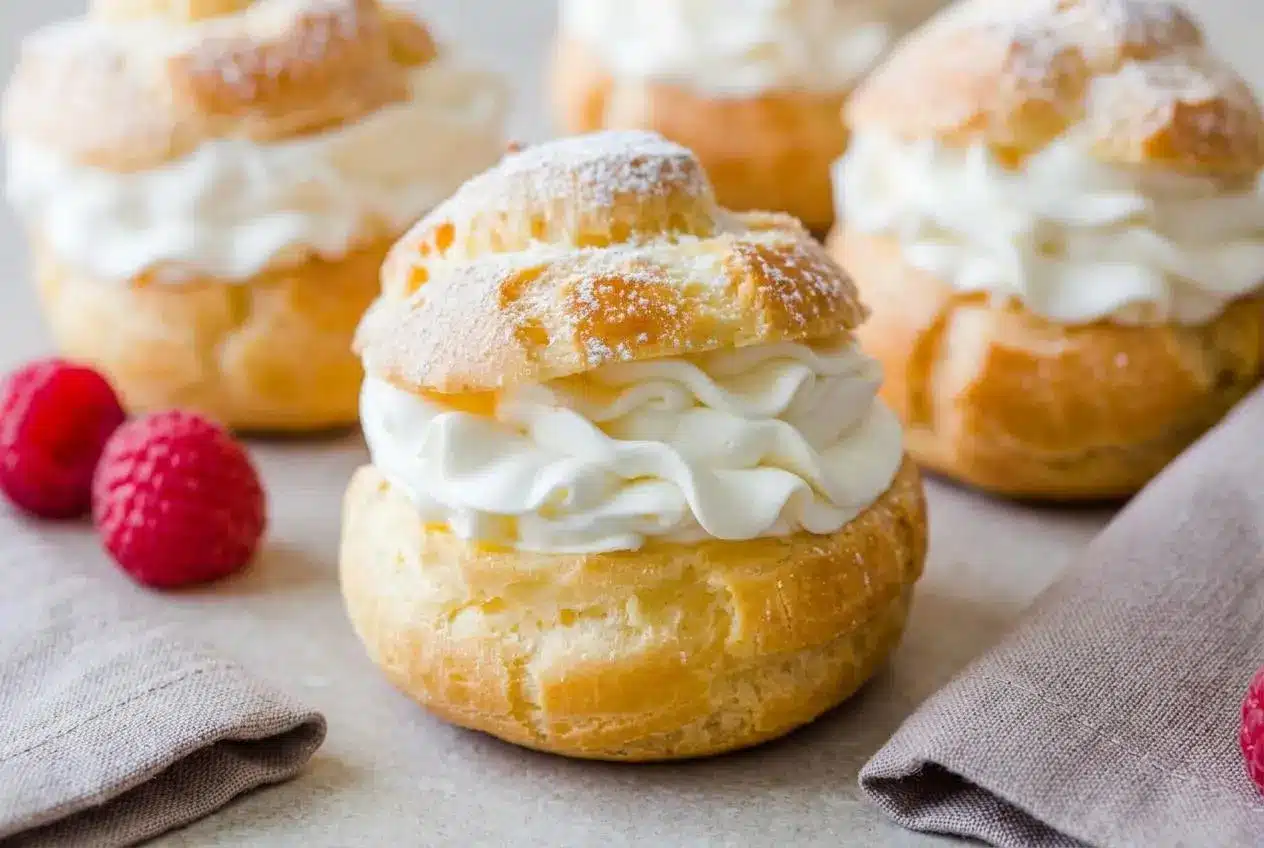 A cream puffs recipe showing several finished puffs on a white plate, one cut open to reveal whipped cream and a raspberry inside, all