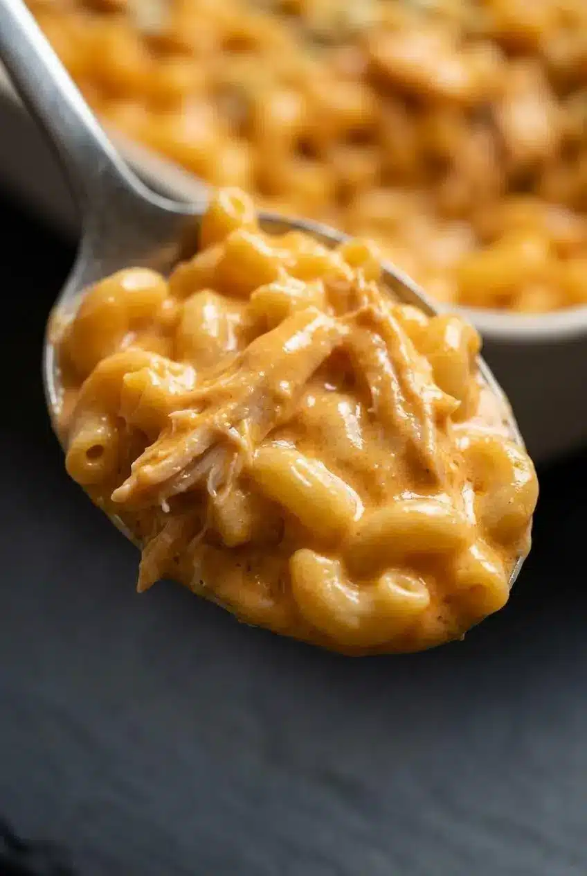 A close-up of a spoon lifting a scoop of mac and cheese, showing the creamy, smooth orange cheese sauce coating the pasta and chicken.