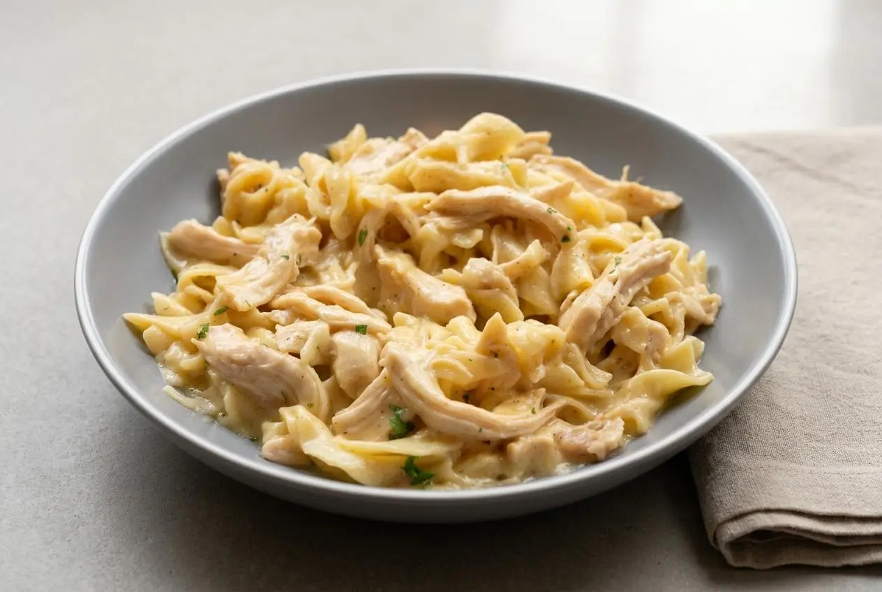 A top-down view of a rich chicken and noodles recipe served in a dark bowl, showing tender shredded chicken and wide egg noodles in a creamy