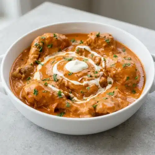 A white Dutch oven filled with classic chicken paprikash, showing tender bone-in chicken pieces in a rich, creamy red-orange paprika sauce.
