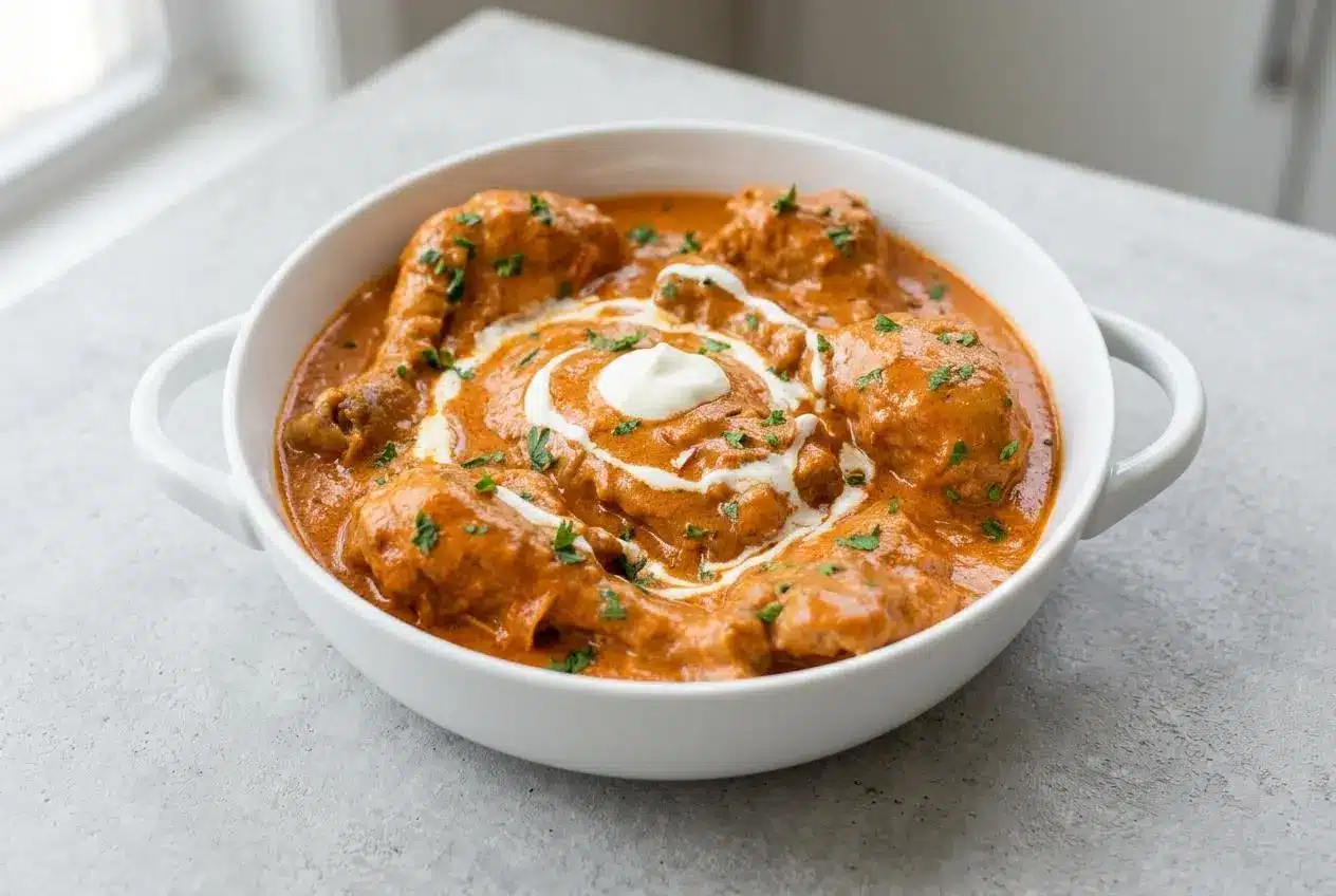 A white Dutch oven filled with classic chicken paprikash, showing tender bone-in chicken pieces in a rich, creamy red-orange paprika sauce.