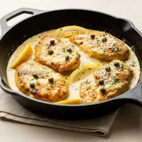 A white skillet of creamy chicken piccata with golden cutlets, a glossy lemon butter sauce, capers, and fresh parsley.