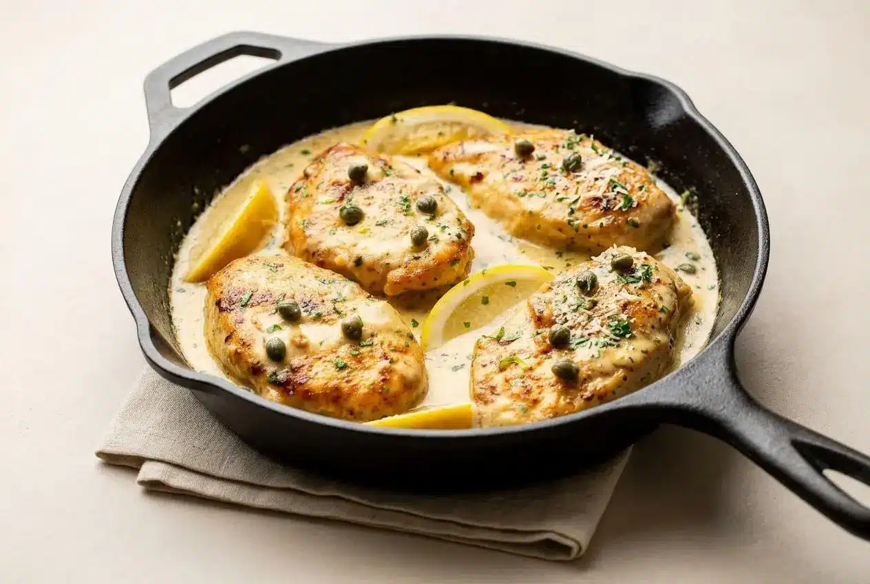 A white skillet of creamy chicken piccata with golden cutlets, a glossy lemon butter sauce, capers, and fresh parsley.