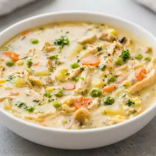 A white bowl of creamy chicken pot pie soup filled with tender chicken, carrots, and peas, garnished with fresh parsley.