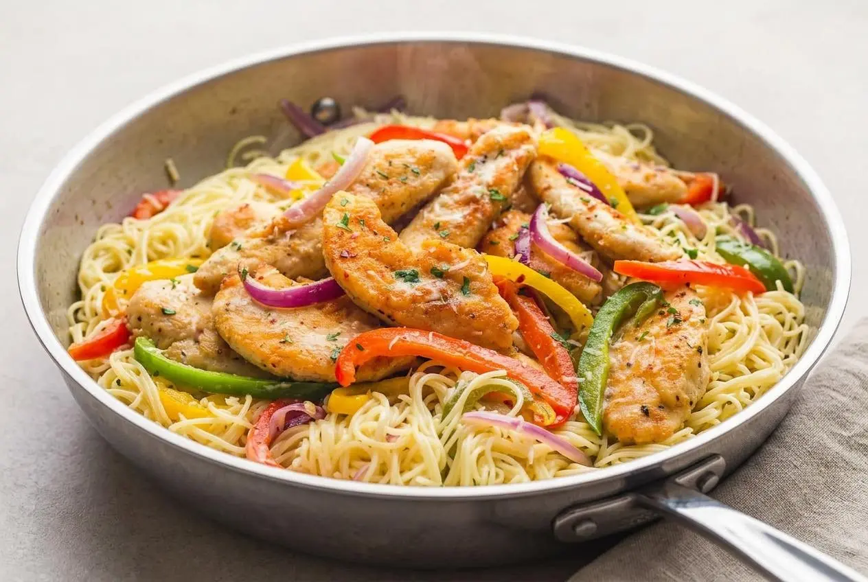 A white bowl of creamy chicken scampi with angel hair pasta, golden chicken tenders, and sliced bell peppers, garnished with fresh parsley.