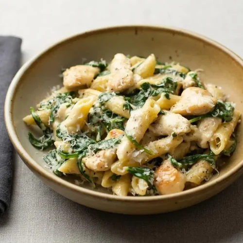 Creamy chicken spinach pasta with tender chicken and penne in a dark skillet, ready to serve.