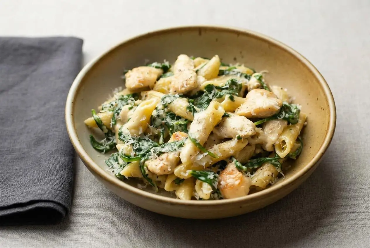 Creamy chicken spinach pasta with tender chicken and penne in a dark skillet, ready to serve.