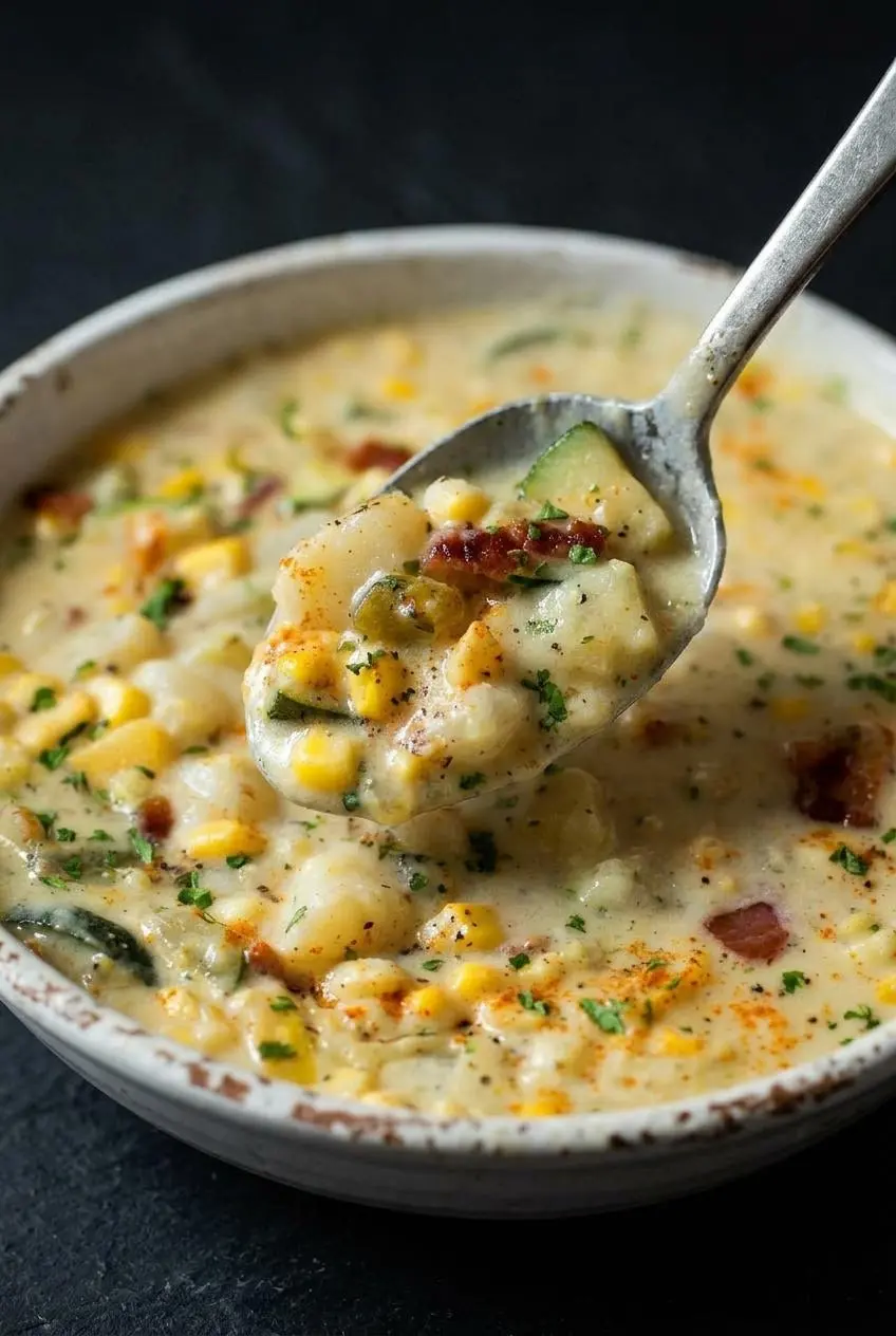 A macro close-up of a spoonful of creamy corn chowder being lifted from a bowl, highlighting the thick texture with bits of bacon, corn, and