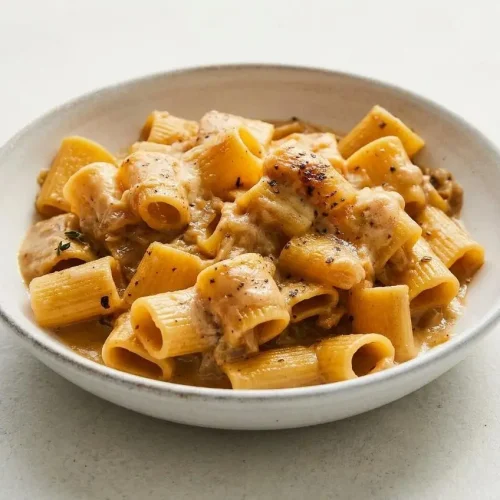 A white bowl of creamy French Onion Pasta with rigatoni, caramelized onions, and a glossy Gruyère cheese sauce.