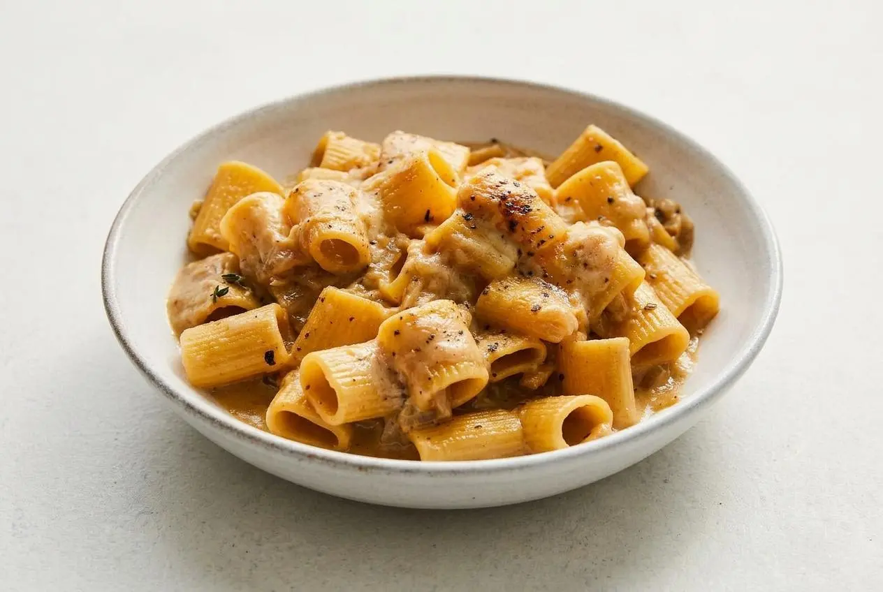 A white bowl of creamy French Onion Pasta with rigatoni, caramelized onions, and a glossy Gruyère cheese sauce.