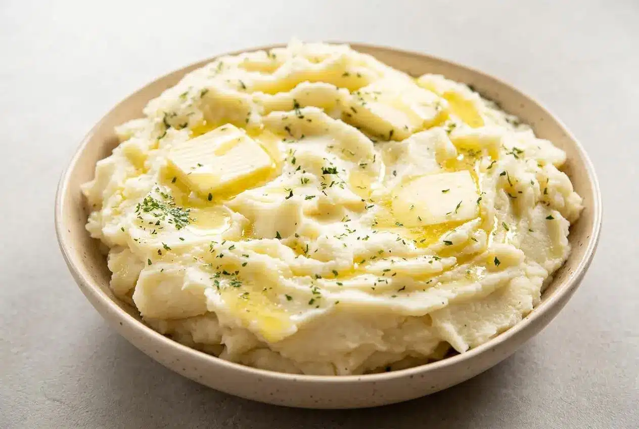 A white ceramic bowl filled with creamy Instant Pot mashed potatoes, topped with a melting pat of butter and fresh herbs.