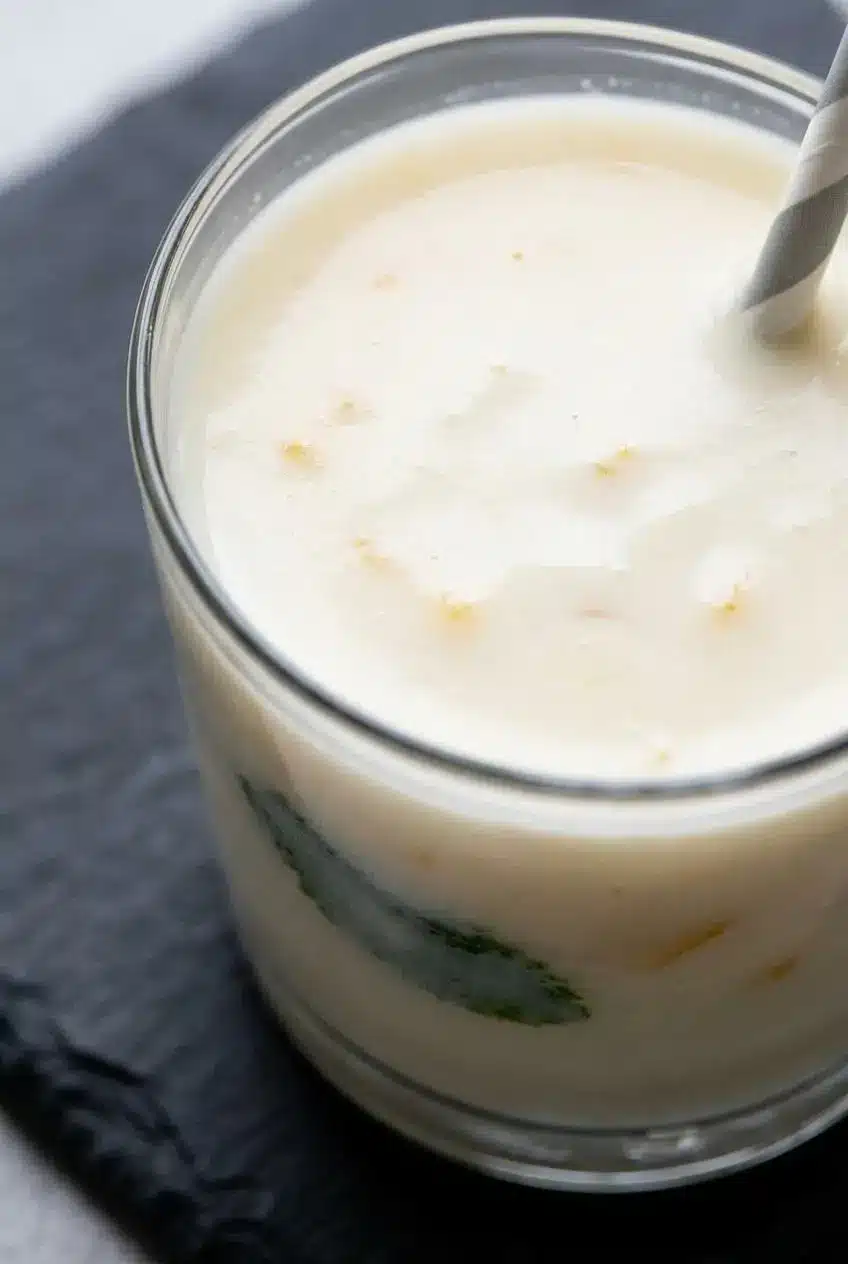 A macro close-up of creamy lemonade in a glass, showing its perfectly smooth, opaque, and pale-yellow emulsified texture with no lumps.