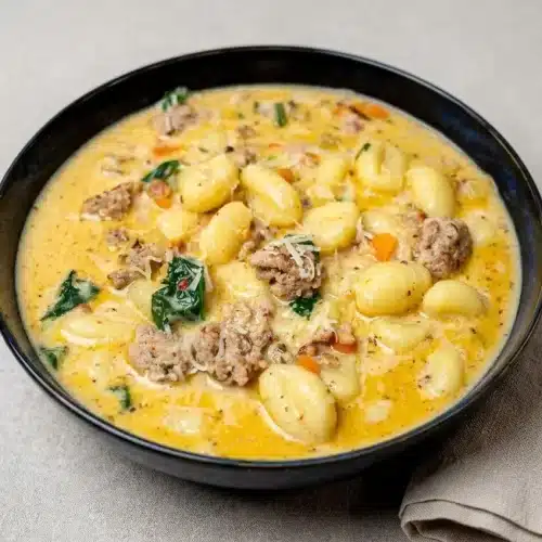 A white bowl filled with creamy Sausage Gnocchi Soup, showing tender gnocchi, chunks of sausage, and wilted spinach.