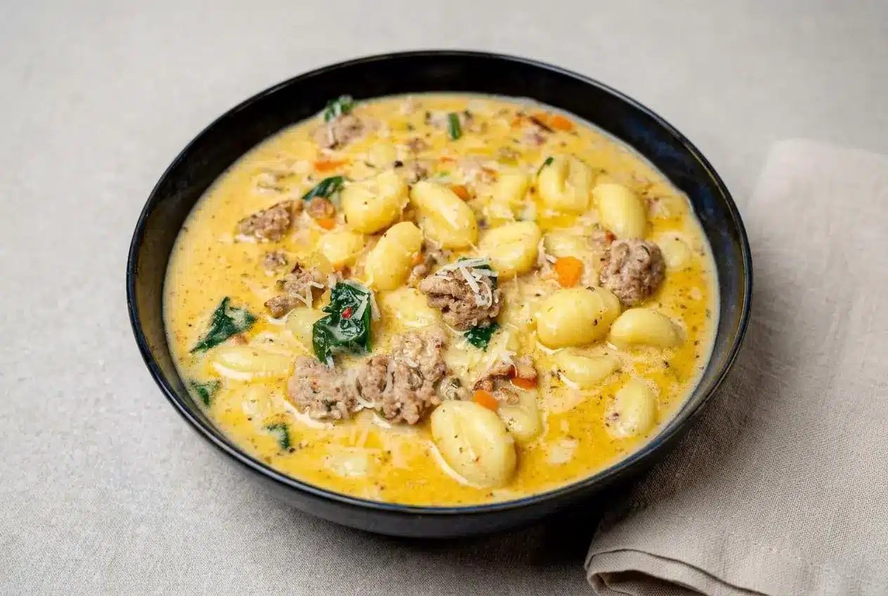 A white bowl filled with creamy Sausage Gnocchi Soup, showing tender gnocchi, chunks of sausage, and wilted spinach.