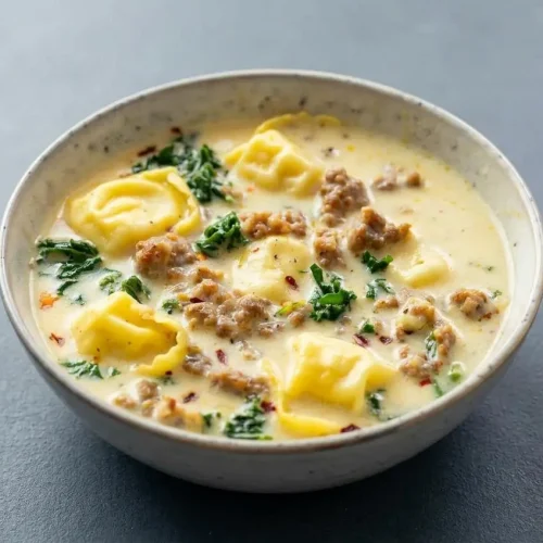 A bowl of creamy sausage tortellini soup with cheese tortellini, crumbles of Italian sausage, and pieces of kale in a rich broth.