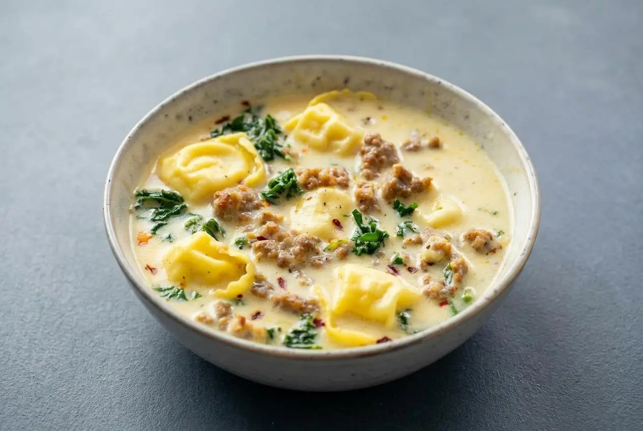A bowl of creamy sausage tortellini soup with cheese tortellini, crumbles of Italian sausage, and pieces of kale in a rich broth.