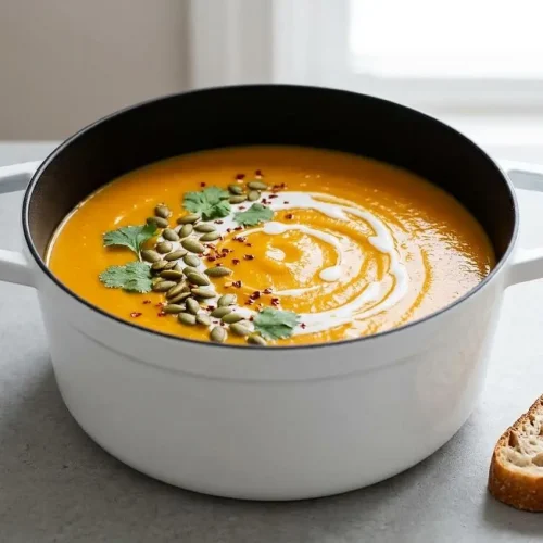 A bowl of creamy sweet potato soup garnished with a swirl of coconut milk, green pepitas, and fresh cilantro leaves.
