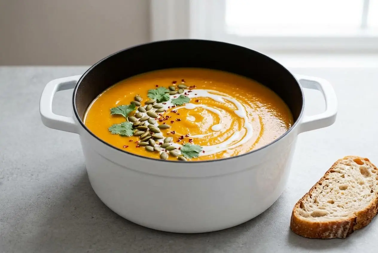 A bowl of creamy sweet potato soup garnished with a swirl of coconut milk, green pepitas, and fresh cilantro leaves.