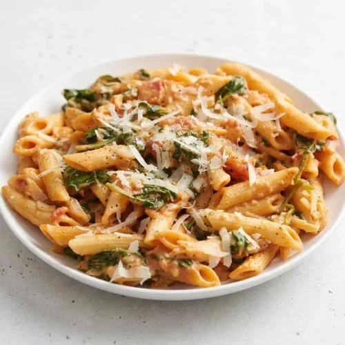 A rustic white bowl of creamy Tomato Spinach Pasta with penne, wilted spinach, and grated Parmesan, showcasing its smooth, rich sauce.