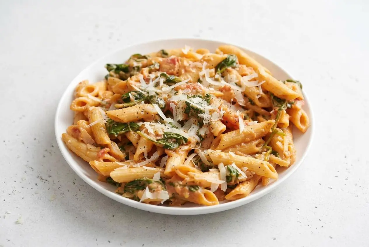 A rustic white bowl of creamy Tomato Spinach Pasta with penne, wilted spinach, and grated Parmesan, showcasing its smooth, rich sauce.