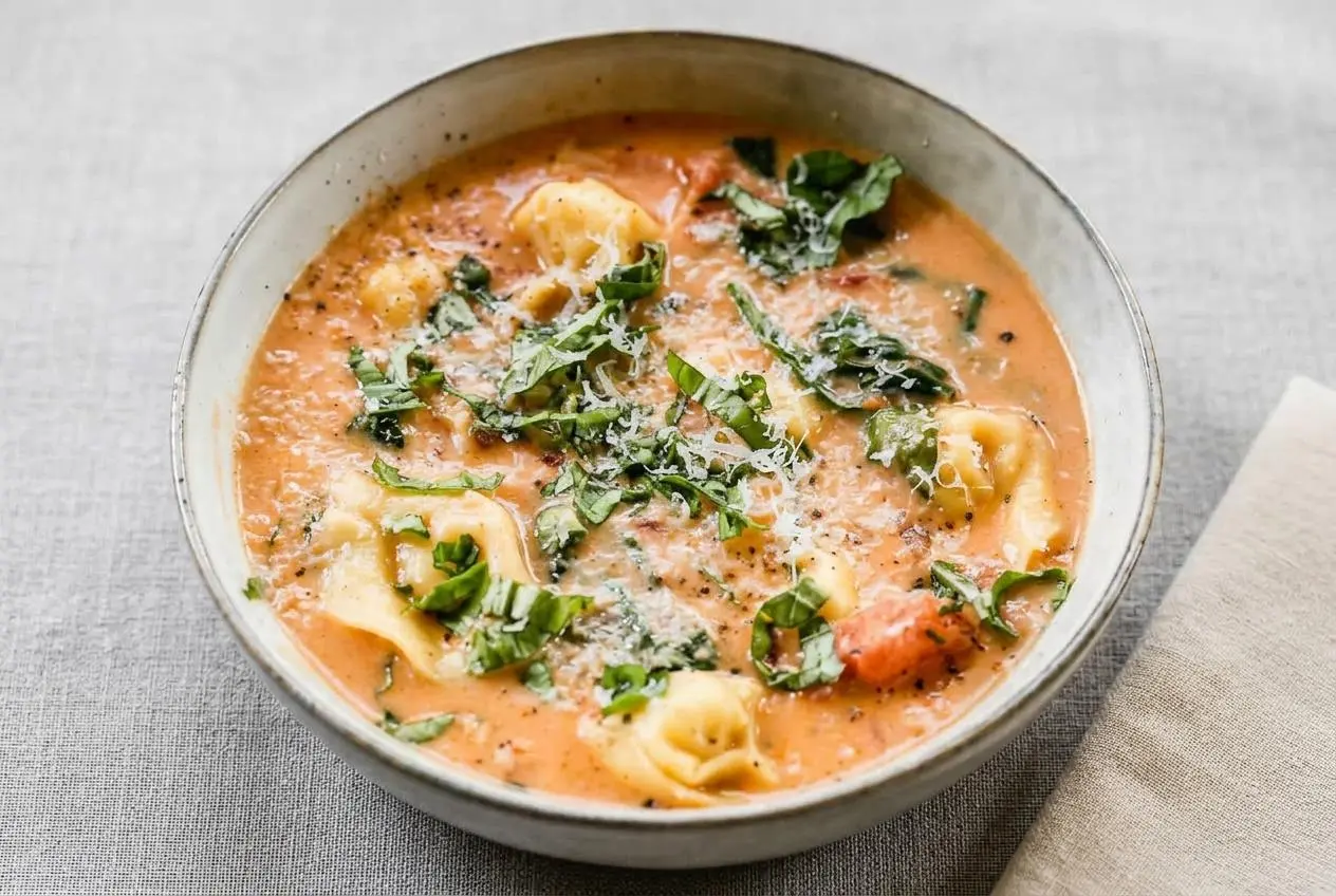 A dark bowl of creamy tomato tortellini soup, garnished with fresh basil leaves and grated Parmesan cheese.