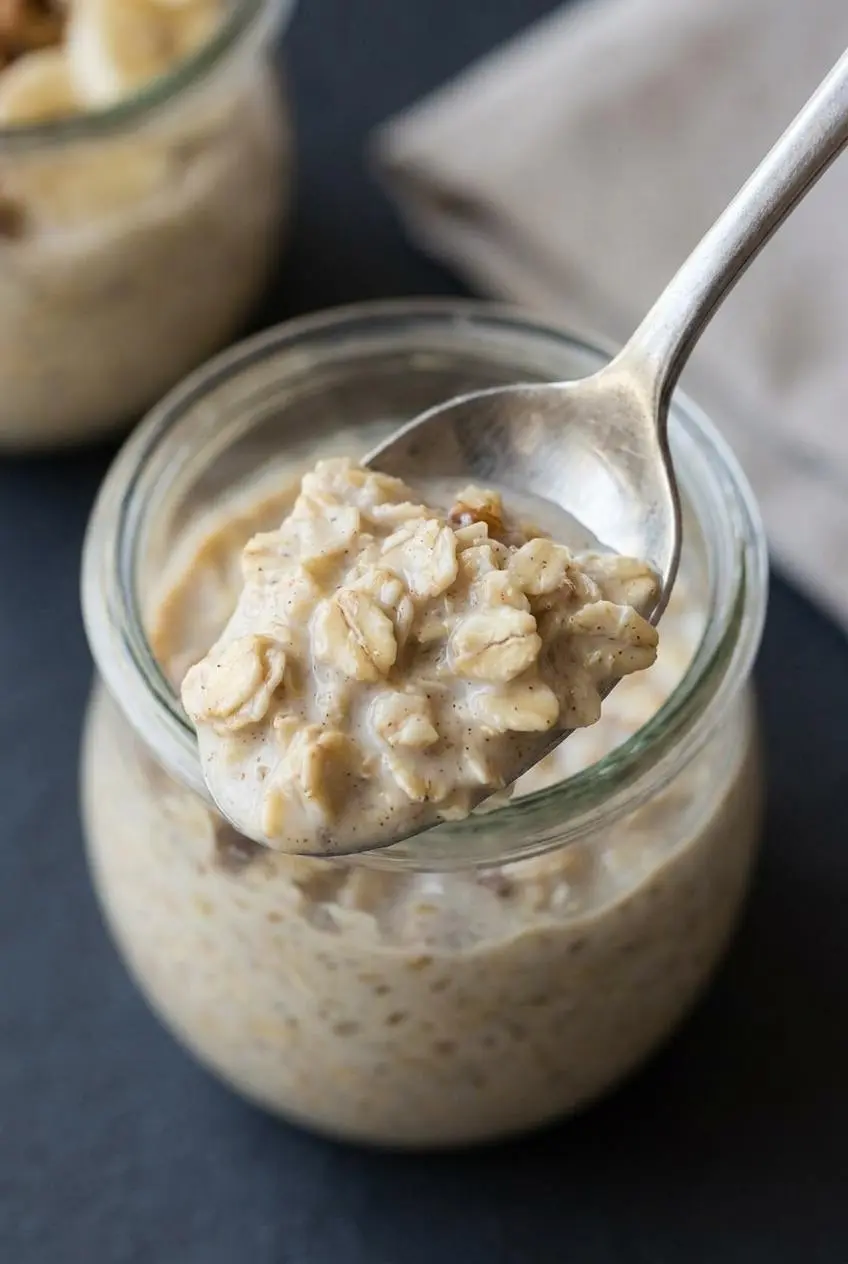 An extreme close-up of a spoonful of creamy tres leches overnight oats, showing the thick texture of the saturated rolled oats.