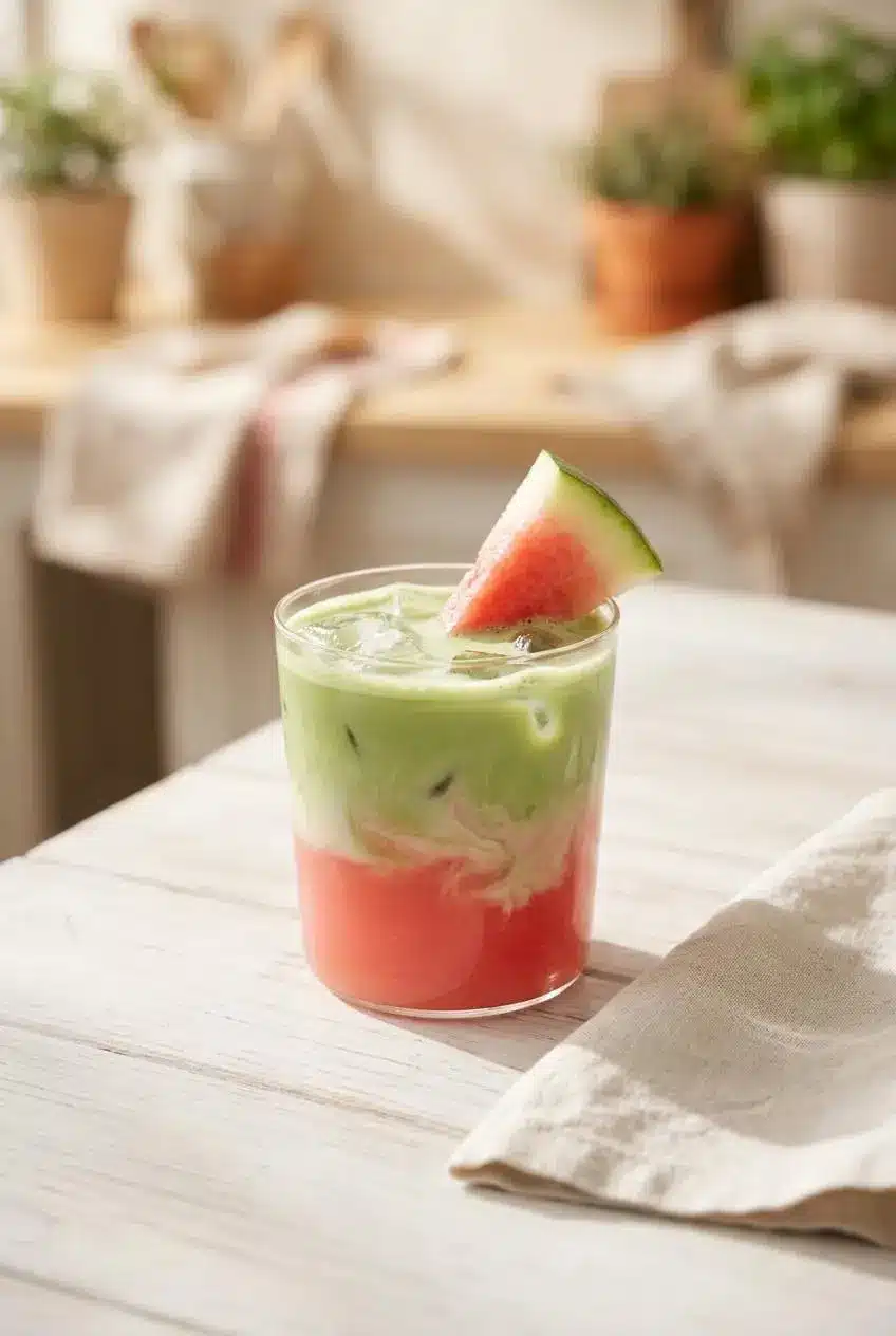 A creamy watermelon matcha latte in a glass on a white table, garnished with a small wedge of watermelon.