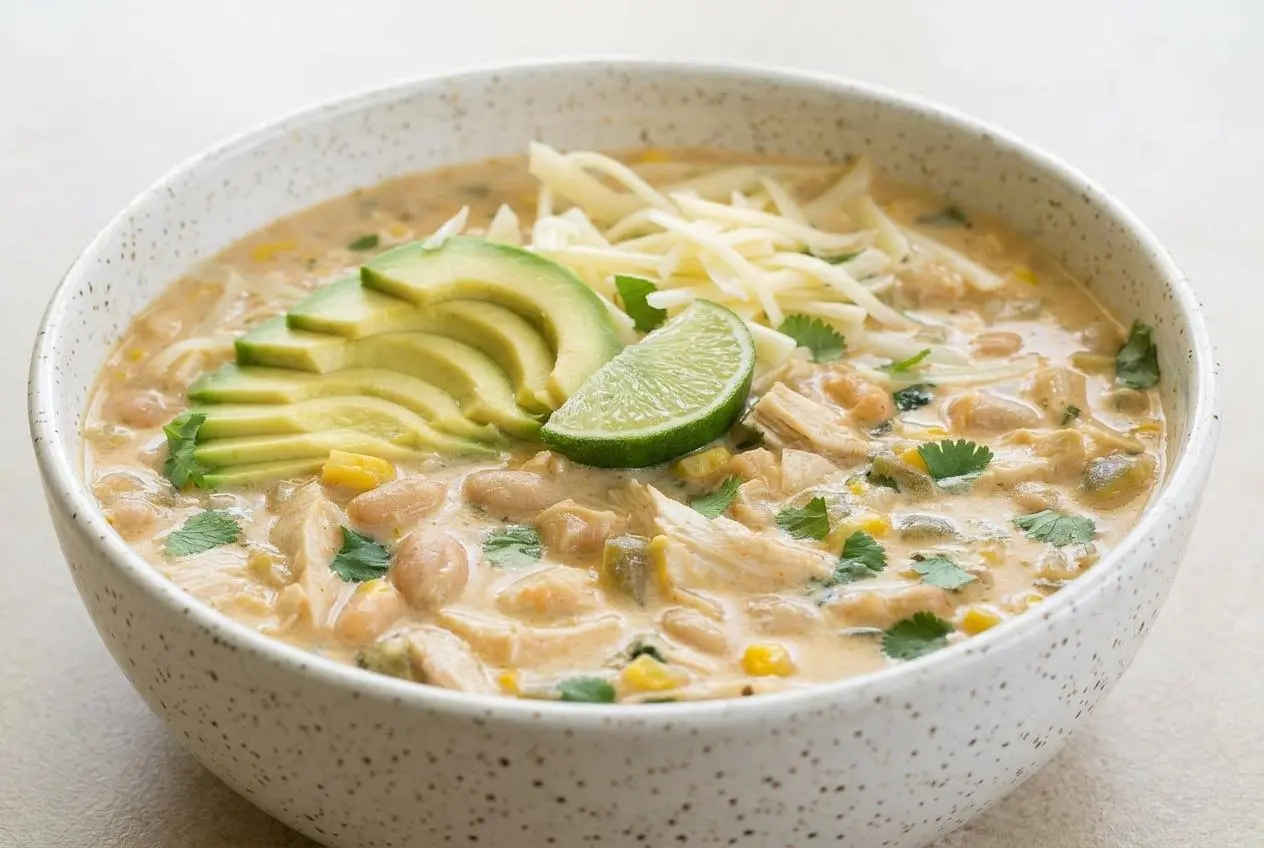 A blue bowl of creamy White Bean Chicken Chili topped with fresh cilantro, a lime wedge, and tortilla strips.