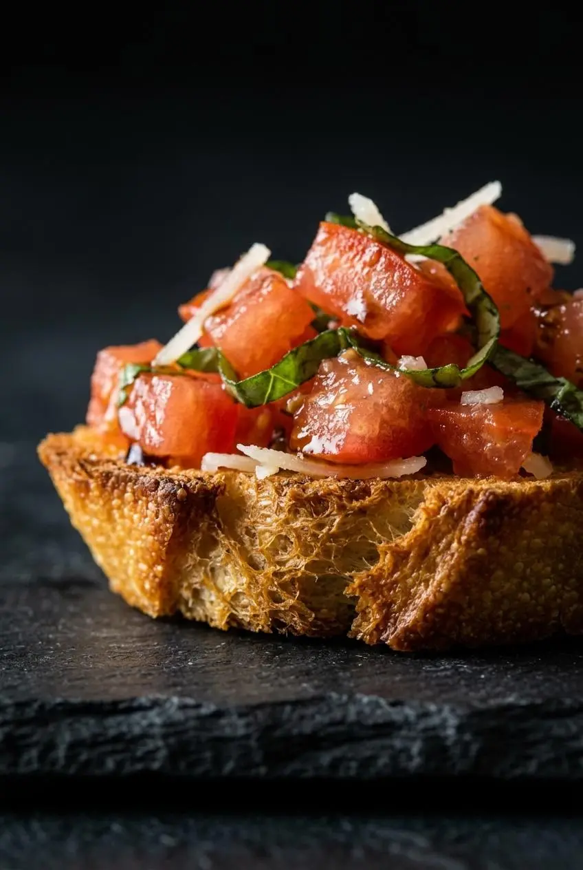 Extreme close-up of a single piece of tomato bruschetta, showing the crisp texture of the toasted bread and the juicy tomato topping.