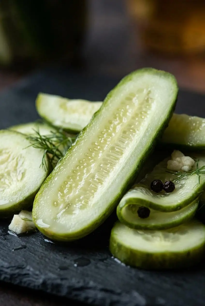 Extreme close-up of sliced dill pickles on a dark slate surface, highlighting the crisp, translucent texture and flecks of dill.