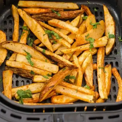A white bowl filled with crispy, golden-brown air fryer french fries, seasoned with salt and spices.
