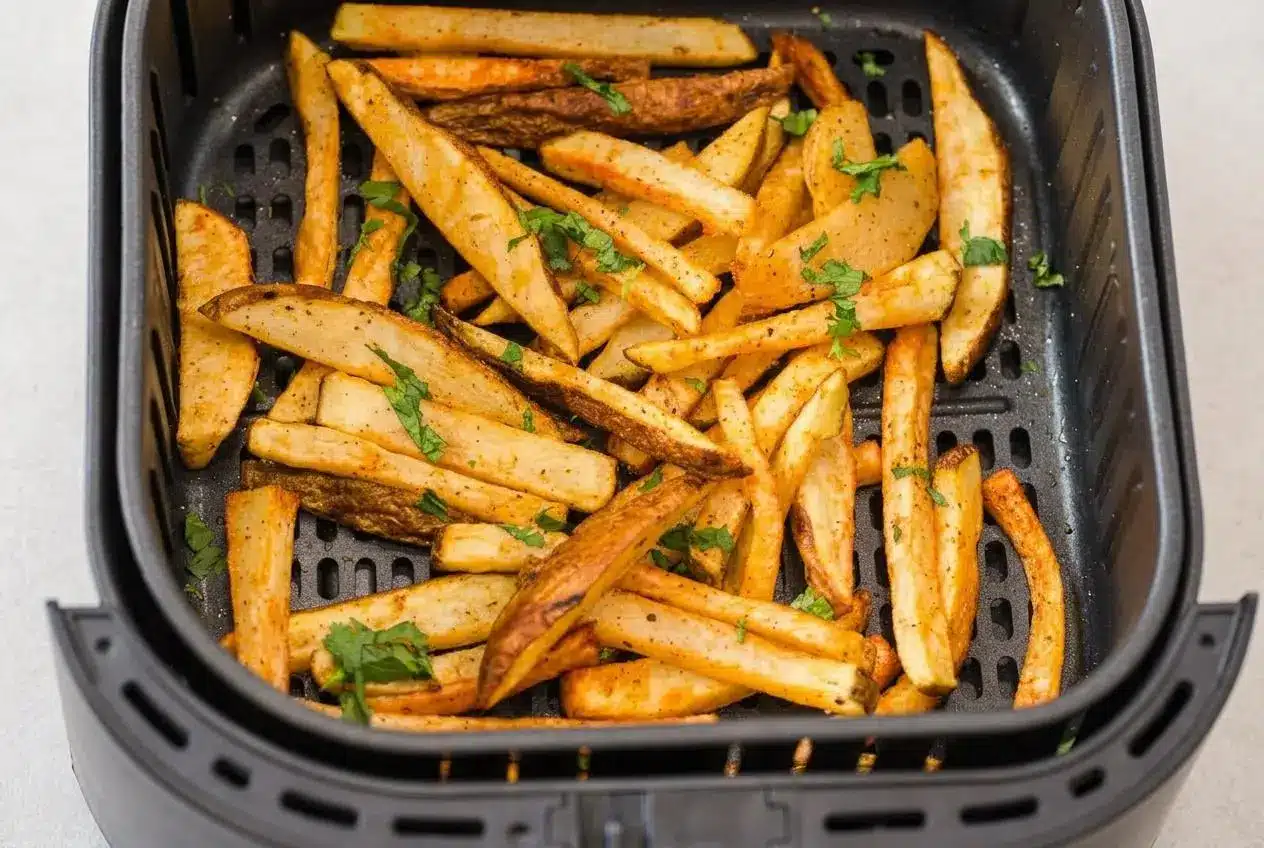 A white bowl filled with crispy, golden-brown air fryer french fries, seasoned with salt and spices.