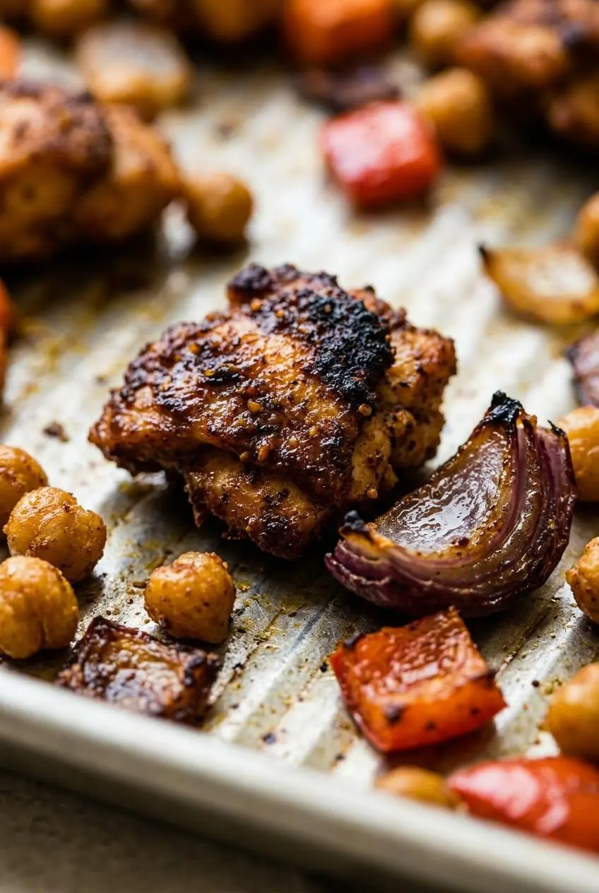 An extreme close-up of a piece of chicken shawarma on a sheet pan, showing the crispy, spice-crusted surface and charred edges from