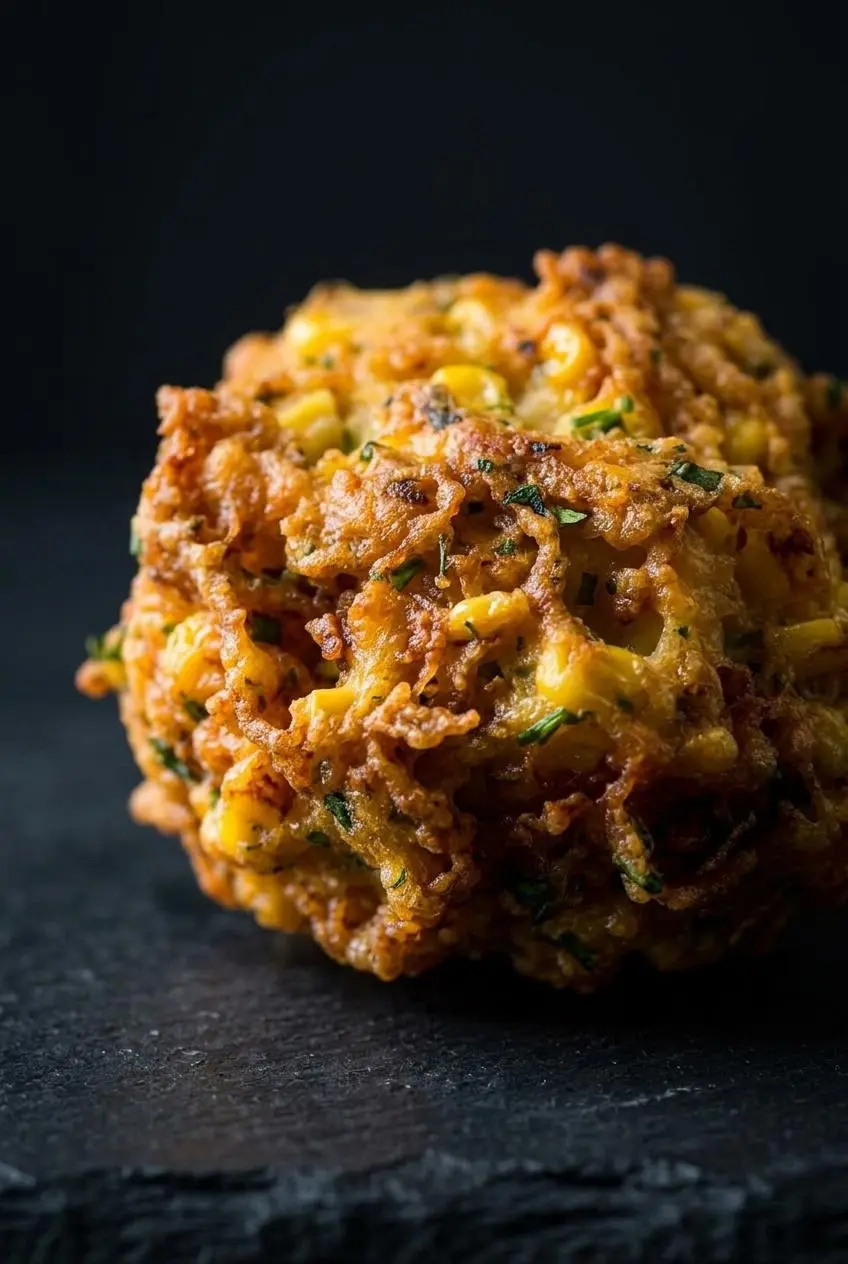 A macro close-up of a single corn fritter, showing its incredibly crispy, lacy golden-brown edges and bumpy texture on a dark slate surface.