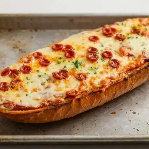 Two halves of a crispy French bread pizza topped with pepperoni and bubbly, golden-brown mozzarella cheese on a baking sheet.