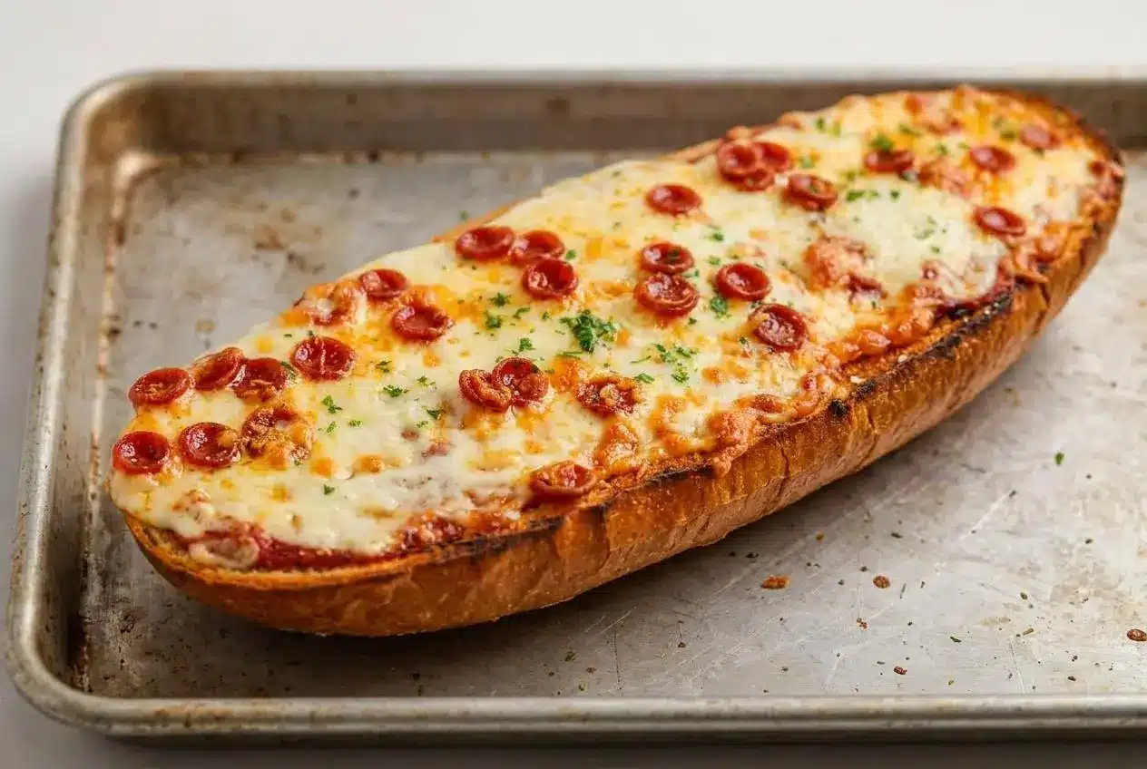 Two halves of a crispy French bread pizza topped with pepperoni and bubbly, golden-brown mozzarella cheese on a baking sheet.