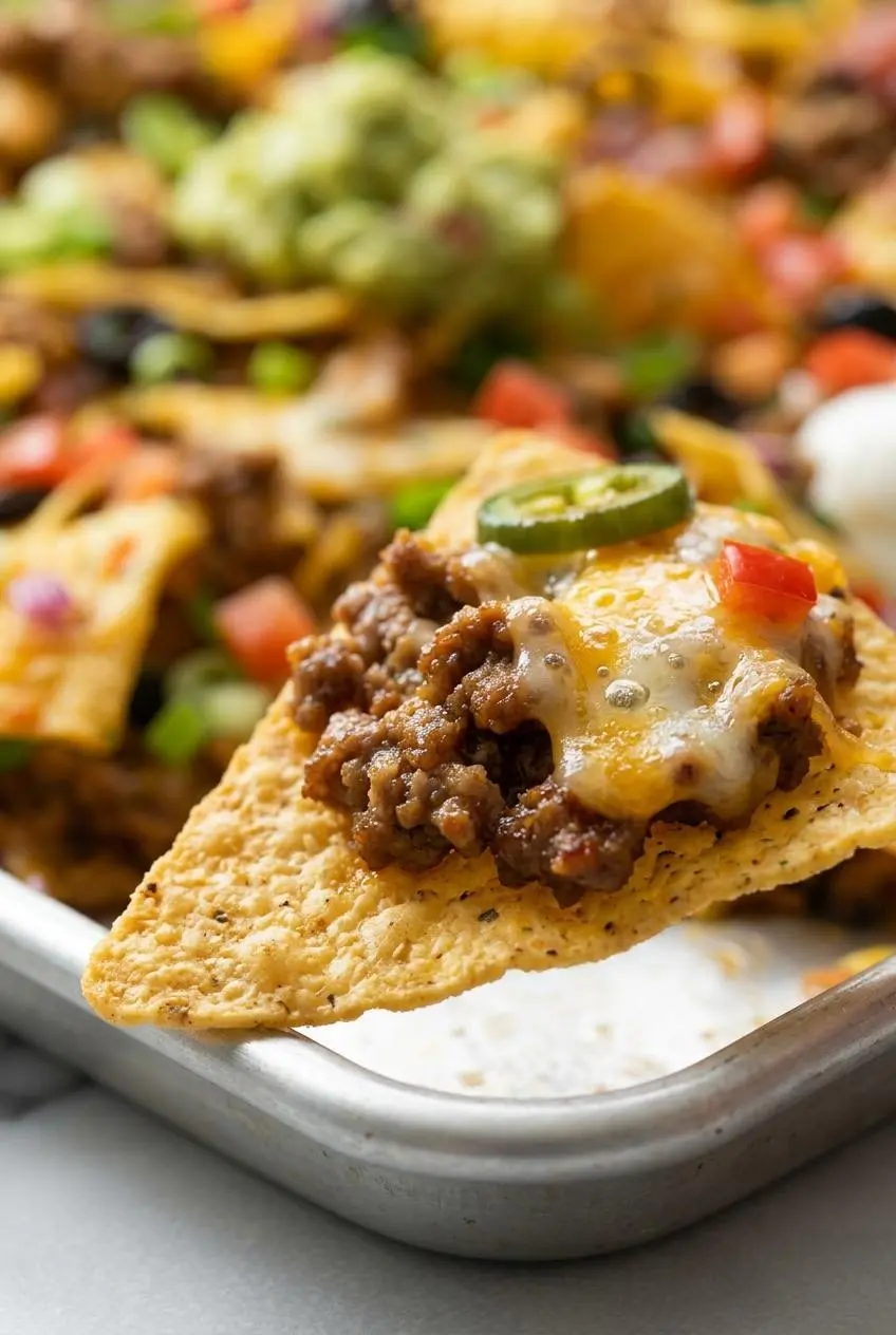 An extreme close-up of a single sturdy tortilla chip topped with seasoned beef, melted browned cheese, and a slice of jalapeño.
