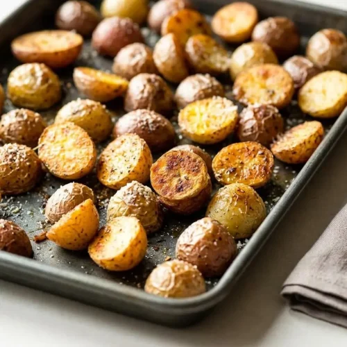 A dark pan filled with crispy oven roasted baby potatoes, showing their deeply golden-brown crusts and fluffy centers, garnished with fresh