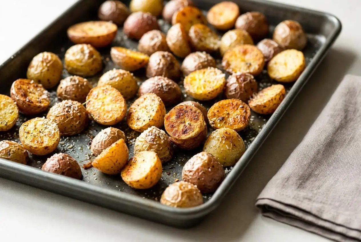 A dark pan filled with crispy oven roasted baby potatoes, showing their deeply golden-brown crusts and fluffy centers, garnished with fresh