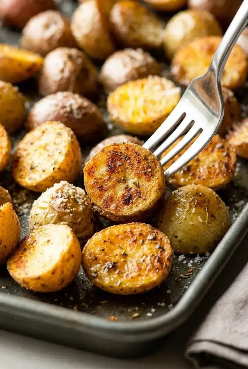 Extreme close-up of a single roasted baby potato, with a fork gently breaking the craggy, golden-brown crust to reveal the steaming, fluffy