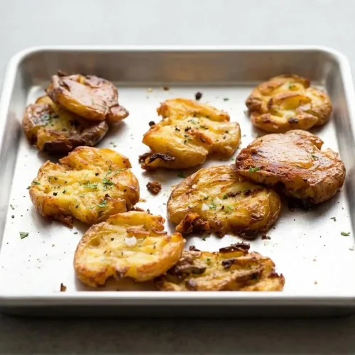 A dark baking sheet full of crispy Smashed Potatoes with golden-brown, craggy edges and fluffy centers, garnished with fresh parsley.